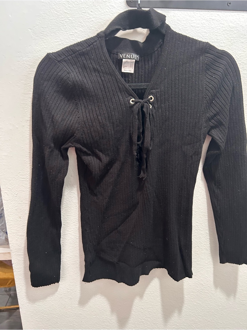 VENUS Black Ribbed Lace-Up V-Neck Sweater